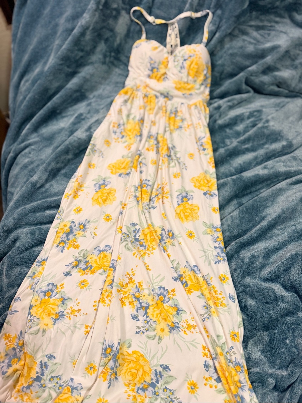 Derek Heart White Maxi Dress with Yellow & Blue Floral Print